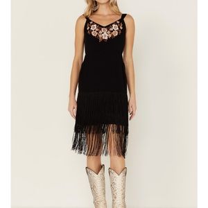 Idyllwind Black Fringe Dress with Floral Embroidery